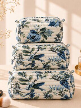 Set of 3 Off White Indigo Blue Floral Block Print Cosmetic Bag Quilted Cotton